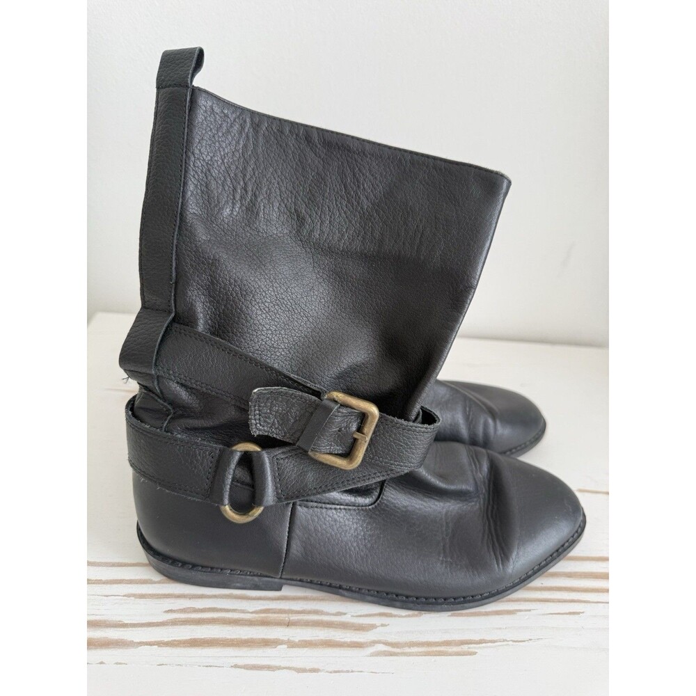 ✿ Zara Black Leather Ankle Boots Buckle Strap Low Heel EU 38 US 7.5